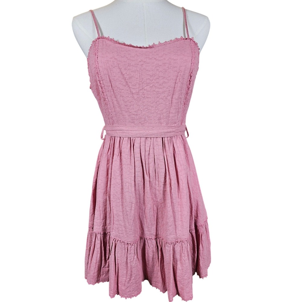 Altar'd State Pink Crochet Lace Trim Playful Pink Mini Dress Tie Waist Size Med